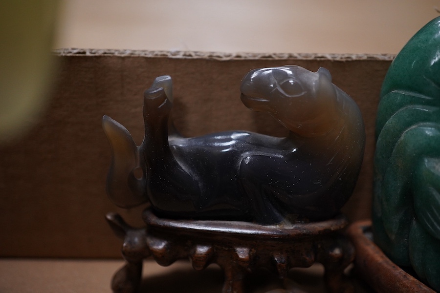 A group of Chinese and jadeite hardstone carvings to include seated figure of Buddha and twin handled censer on hardwood stand, largest 19cm high. Condition - fair to good